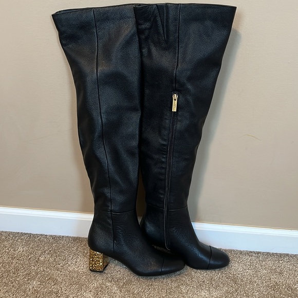 Kurt Geiger Mayfair black leather over the knee heel boots rhinestone gold shoe - Picture 2 of 12